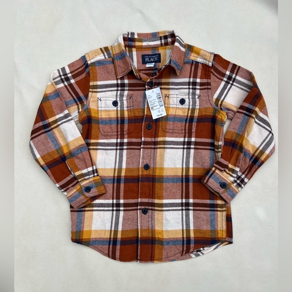 The Children’s Place Boys Plaid Flannel Poplin Button Up Shirt - Ginger Bread - Picture 1 of 9